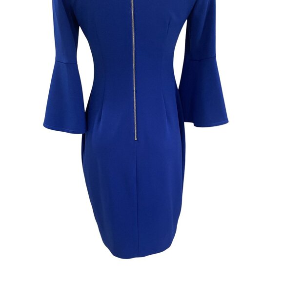 Calvin Klein Blue Bell Sleeve Sheath Dress Size 6 Stretch Midi Work Party - Picture 11 of 11